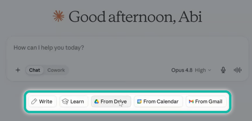 Claude showing connector buttons for Drive, Calendar and Gmail above the message box