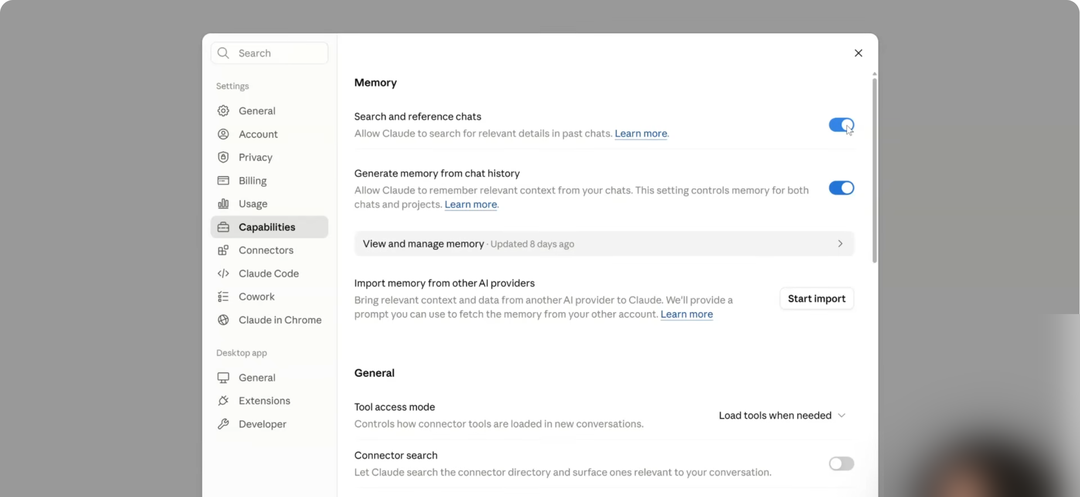 Claude's memory settings with search and reference chats and generate memory from chat history both turned on