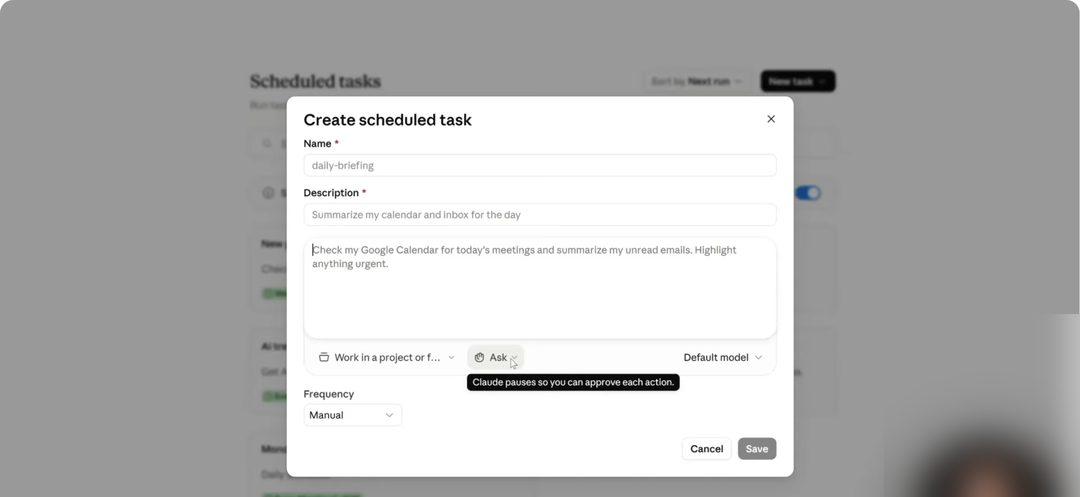 Creating a scheduled task in Claude: a daily briefing that checks the calendar and summarises unread emails
