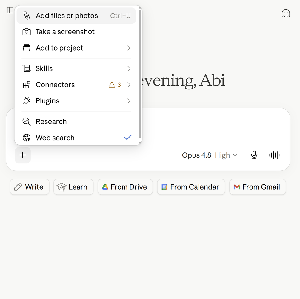The plus menu in a Claude chat with web search ticked on, next to the research option