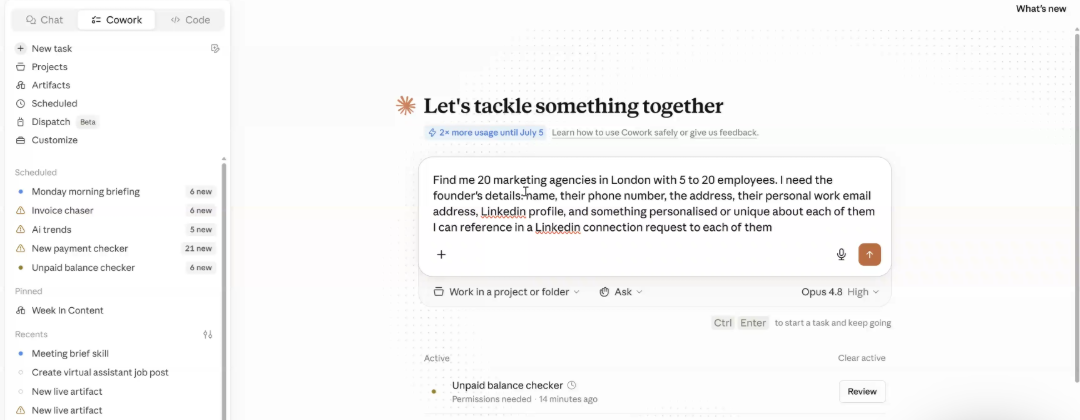 A one-paragraph brief to Claude: find 20 London marketing agency founders with contact details